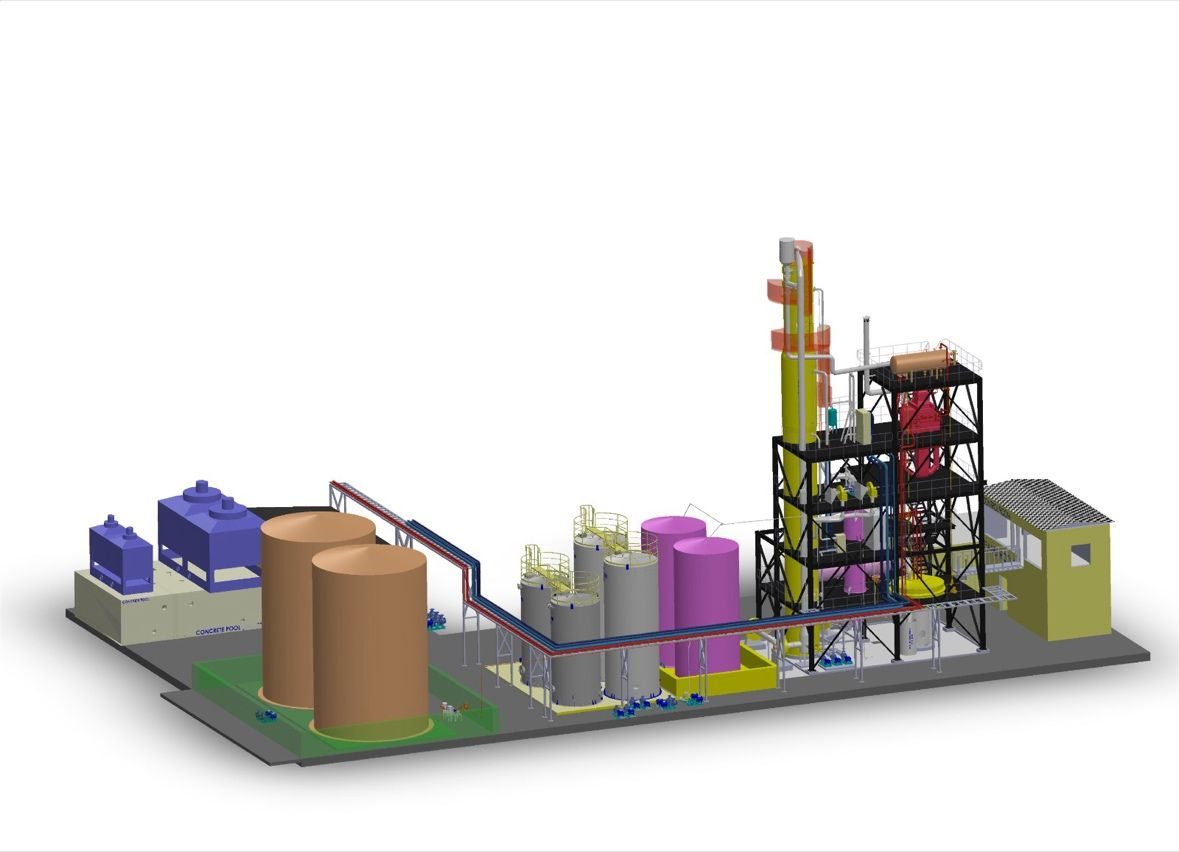 Formalin tesisinin 3D yerleşim modeli: iki metanol tankı, ara tanklar, proses kulesi, boru köprüsü ve soğutma kuleleri